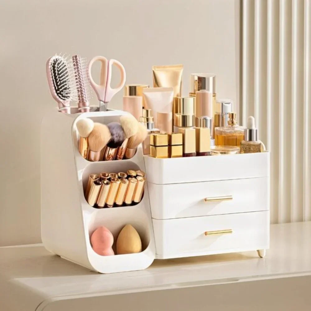 Makeup Organizer with Brush Holder, Large All-White Vanity & Skincare Storage